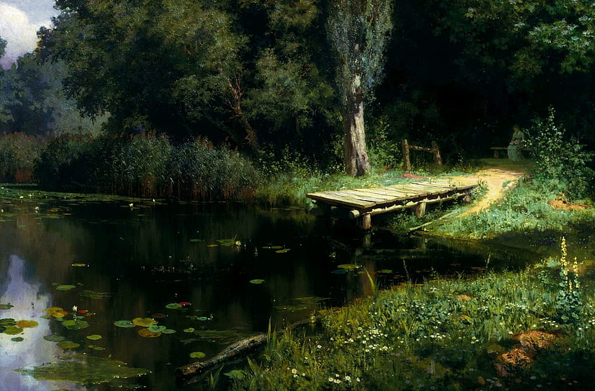 Trees, Nature, Art, Water Lilies, Lake, Pier, Painting, Polenov, Overgrown Pond HD wallpaper