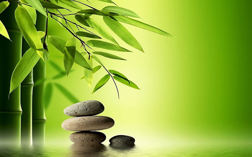 Bambusowe drzewo i specjalne kamienie do masażu - czas relaksu. Niesamowite 3D i renderowane. Piękny . Zen, Ogród Zen, Medytacja Zen, Bambusowy Kamień Tapeta HD