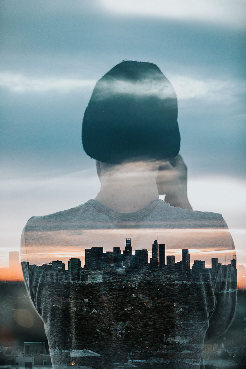 Architecture, City, Building, Silhouette, , , Human, Person, Double Exposure HD phone wallpaper