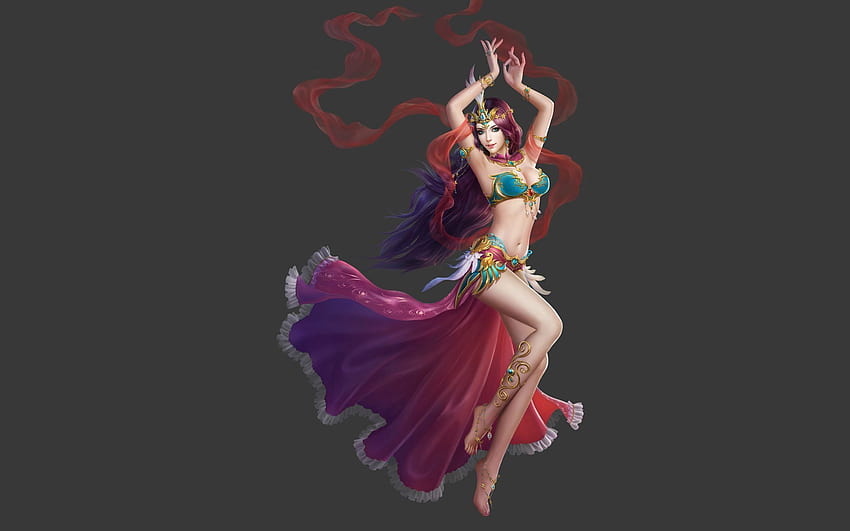 赤い長い髪のシルクの服の宝石を持つオリエンタル ダンサーの女の子 高画質の壁紙
