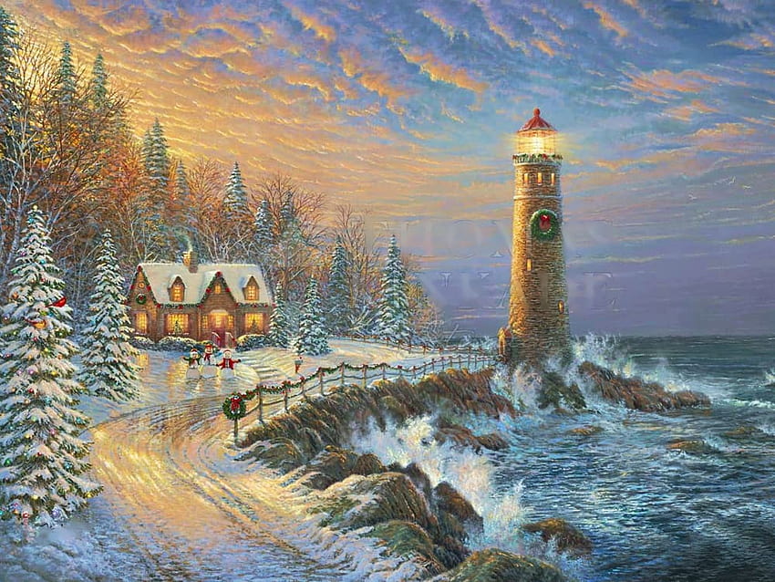 Christmas Lighthouse, artwork, winter, painting, coast, snow, trees, cottage, rocks, snowmen HD wallpaper