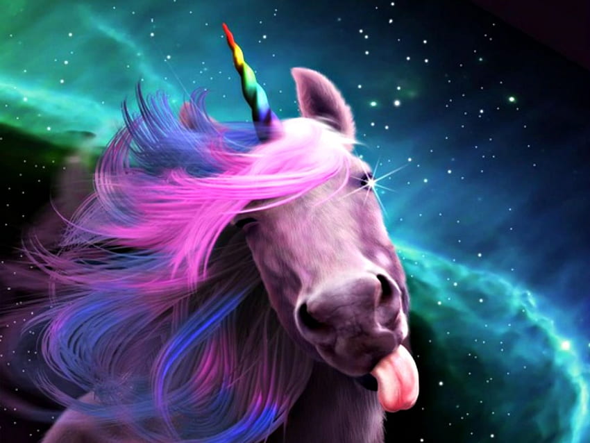 Bacio di unicorno, blu, animale, cavallo, arte, carino, jessica leclerc, rosa, fantasia, arcobaleno, verde, unicorno, divertente, bacio, lingua Sfondo HD