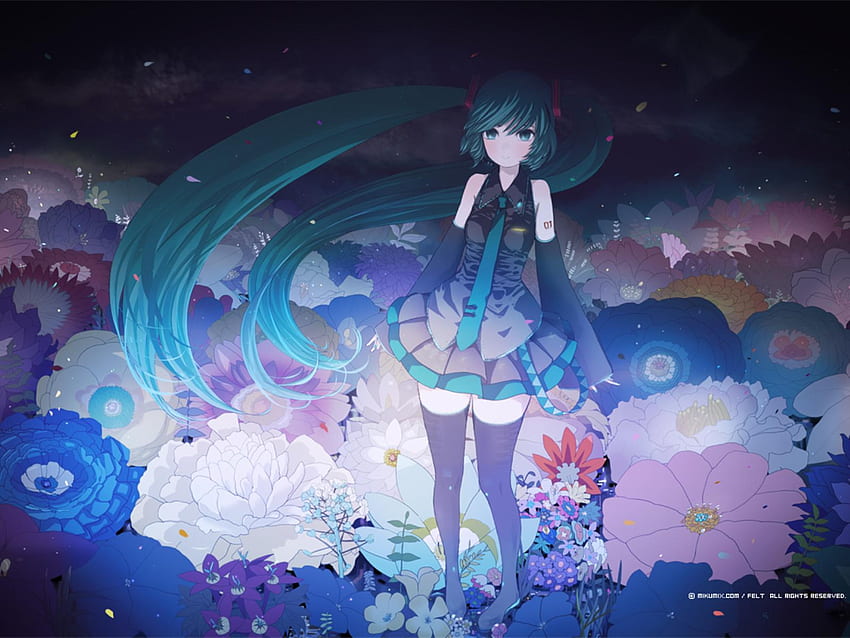 Hatsune Miku, blue, colorful, awesome, plants, cute, vocaloid, beauty, nice, miku, vocaloids, hatsune, thighhighs, skirt, blue eyes, twintail, blue hair, beautiful, anime, pretty, cool, flowers HD wallpaper
