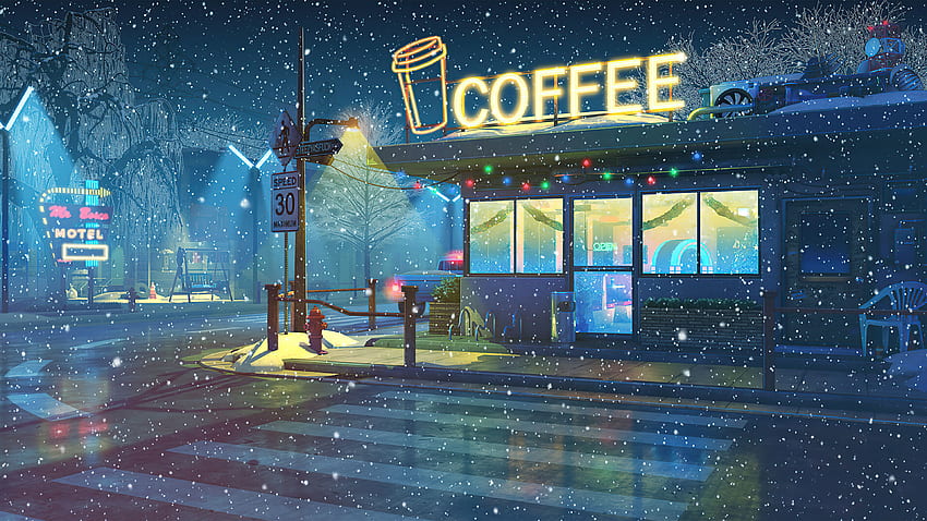 Café en hiver pendant la nuit Digital Art Ultra Fond d'écran HD