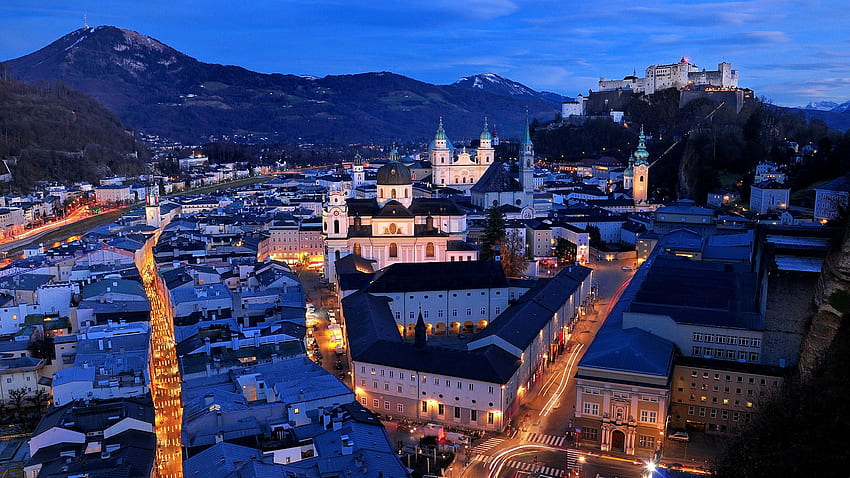 salzburg, austria, night, top view, streets, buildings full , tv, f, background HD wallpaper