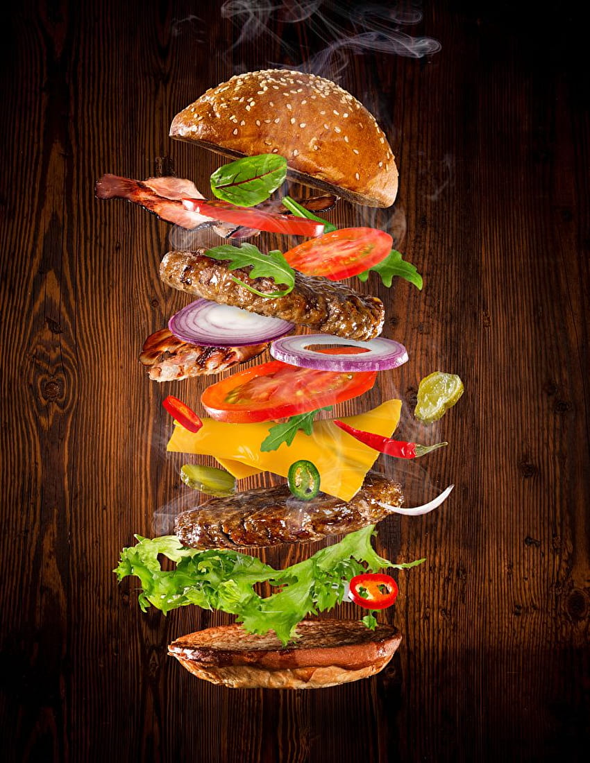 ขนมปังแฮมเบอร์เกอร์ อาหารจานด่วน อาหาร ผัก ผลิตภัณฑ์จากเนื้อสัตว์ ชีสเบอร์เกอร์ วอลล์เปเปอร์โทรศัพท์ HD