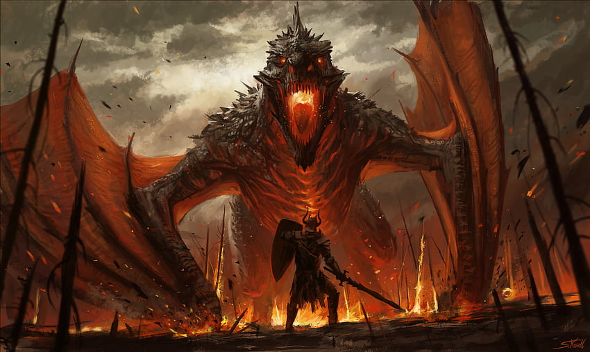 Dragon and warrior, fantasy, art HD wallpaper