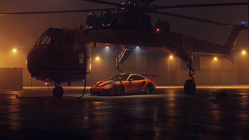 Porsche 911 GT2 RS, sports car, helicopter HD wallpaper