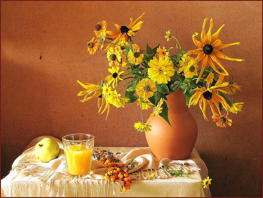 Bonjour soleil, soleil, noir, jaune, jus d'orange du matin, vase, pomme, fleurs Fond d'écran HD