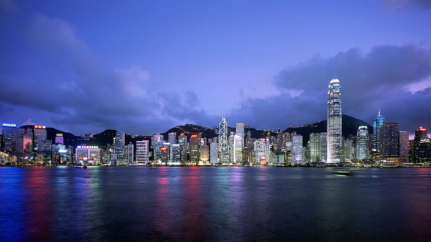 Luce degli edifici di architettura dell'orizzonte di paesaggio urbano di Hong Kong Sfondo HD