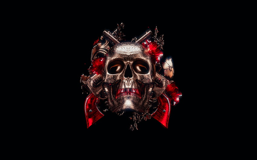 Skull , 3D, Black background, Graphics CGI, Black and Gold Skull HD wallpaper