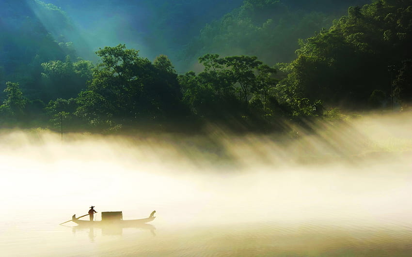 Lake, misty day, fisherman, countryside, foggy forest, nature HD wallpaper