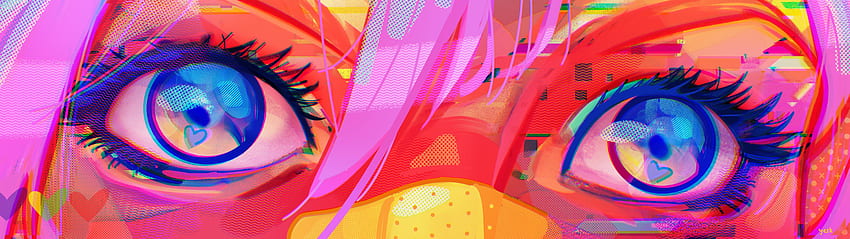 Seni Digital Ultrawide Mata Hati Patch Rambut Mata Biru Rambut Merah Muda Glitch Art Wanita - Resolusi:, 5120x1440 Ungu Wallpaper HD