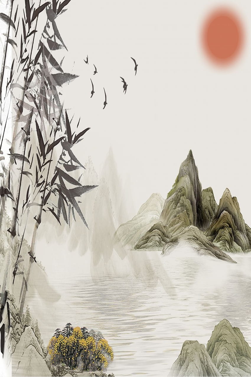 Tinten-Landschaftsbambus-Malerei-chinesischer Malerei-Hintergrund, Tinte, chinesische Art, alter Art-Hintergrund für HD-Handy-Hintergrundbild