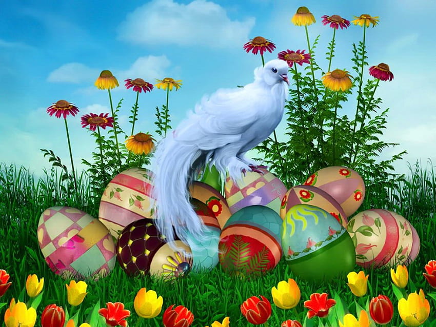 Easter day, fairytale, spring, nice, day, holiday, fantastic, white, magic, meadow, ewggs, beautiful, grass, time, pretty, field, freshness, birs, sky, flowers, easter, lovely HD wallpaper