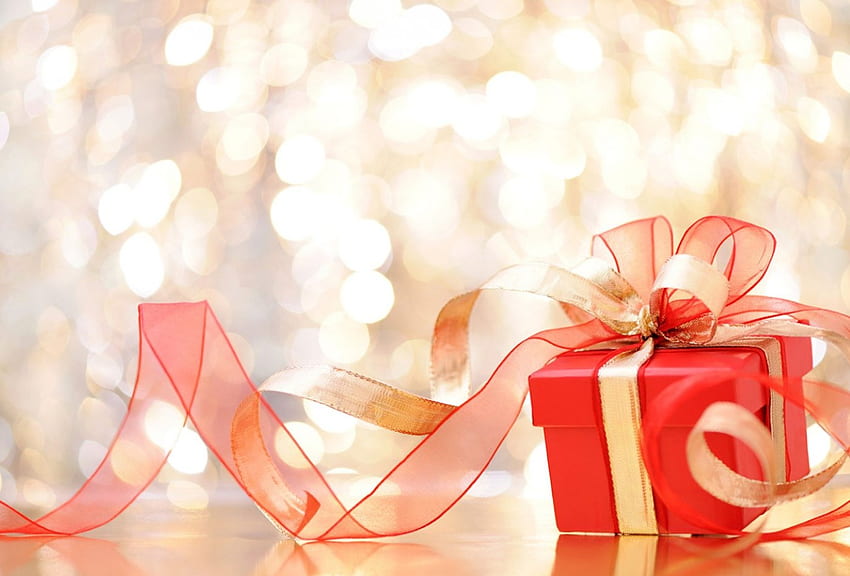 ≈ Christmas Atmosphere ≈, bokeh, ribbon, present, beautiful, gold, pink, lights, christmas, red HD wallpaper
