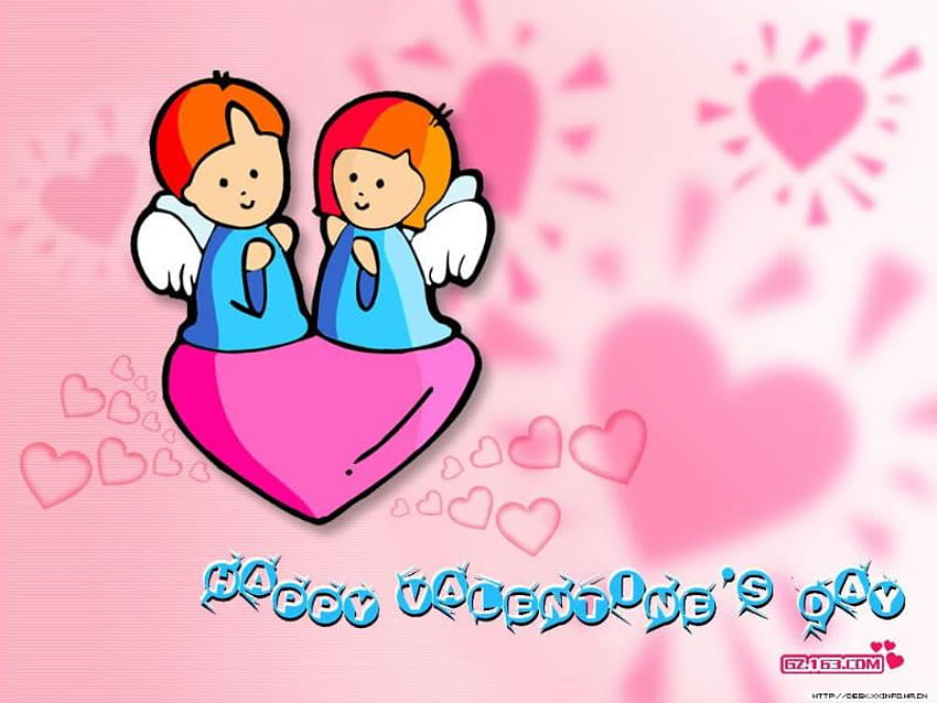 二人の天使、ピンクのハート、愛、天使、バレンタインデー 高画質の壁紙