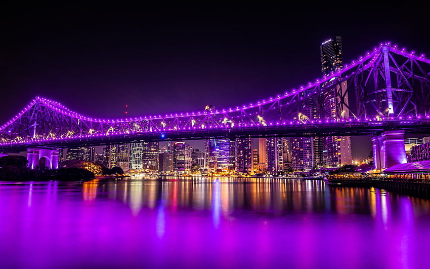 Бризбейн, Story Bridge, река Бризбейн, нощ, лилаво осветление на моста, градски пейзаж на Бризбейн, небостъргачи, Австралия за с разделителна способност. Високо качество HD тапет