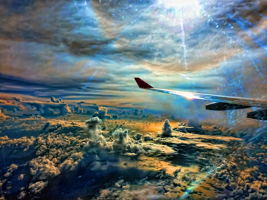 Über den Wolken, blau, beliebt, schön, Schönheit, einfacher Flügel, Flugzeug, Wolken, Weltraum, Natur, Himmel HD-Hintergrundbild