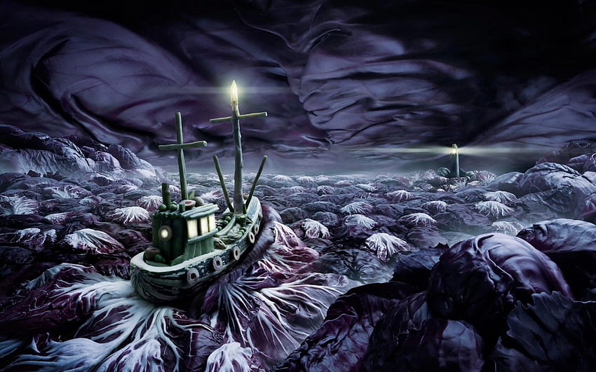 ファンタジー アート 絵画 海 海 嵐 空 船 夜 月、夜の船 高画質の壁紙