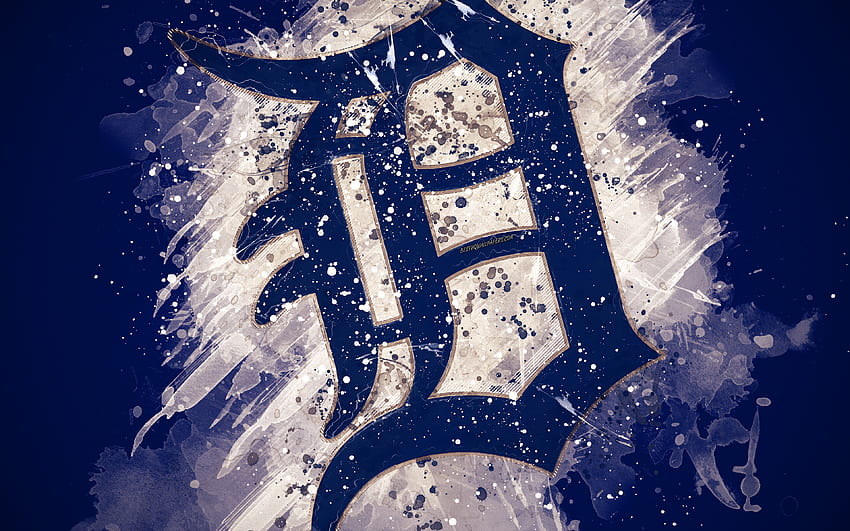 Detroit Tigers, arte grunge, logotipo, clube de beisebol americano, MLB, fundo azul, emblema, Detroit, Michigan, EUA, Major League Baseball, American League, arte criativa para com resolução. Alta qualidade papel de parede HD