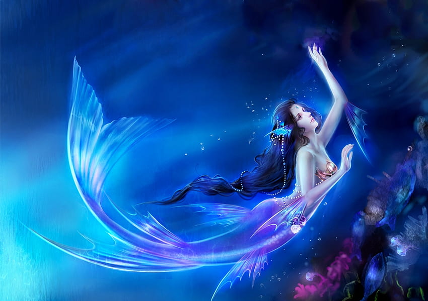 Blue Mermaid สีฟ้า นางเงือก ดิจิตอล แฟนตาซี ศิลปะ พริตตี้ ไซเรน วอลล์เปเปอร์ HD