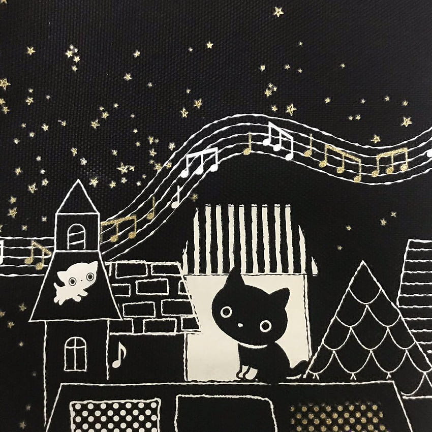 San X Kutusita Nyanko Black White Cat Black Shoulder Canvas Bag Kinokuniya NBC Gold Stars Musical Notes Building Rooftop Illustration Design Japan, Women's Fashion, Bags & Wallets, Purses & Pouches on Carousell HD phone wallpaper
