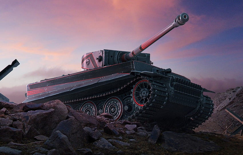 Sunset, The sky, Clouds, Tiger, Stones, Camouflage, World of Tanks, PzKpfw VI Tiger, World Of Tanks, Wargaming Net, Tiger I, Heavy Tank, Fencing, WoTB, Flash, WoT: Blitz for , section HD wallpaper