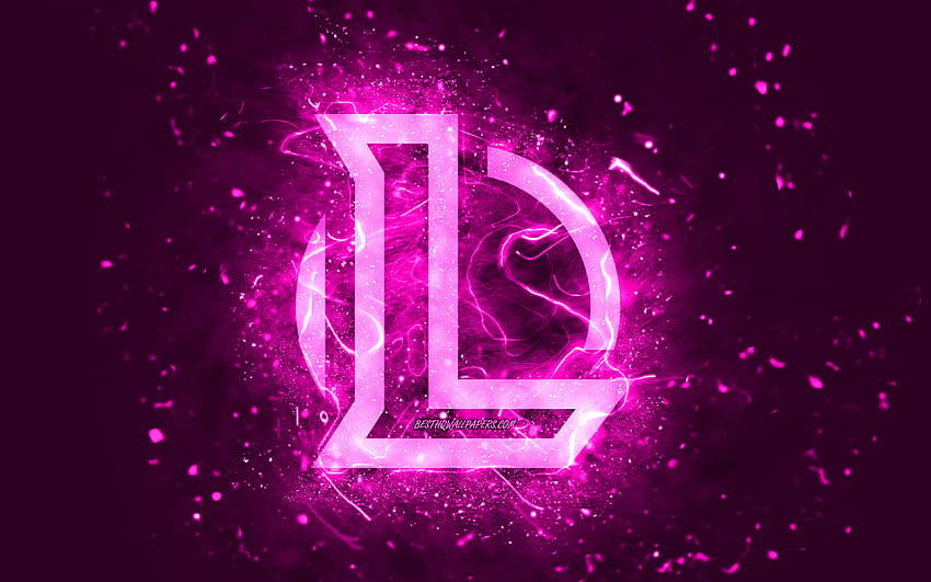 League of Legends purple logo, , LoL, purple neon lights, creative, purple abstract background, League of Legends logo, LoL logo, online games, League of Legends HD wallpaper