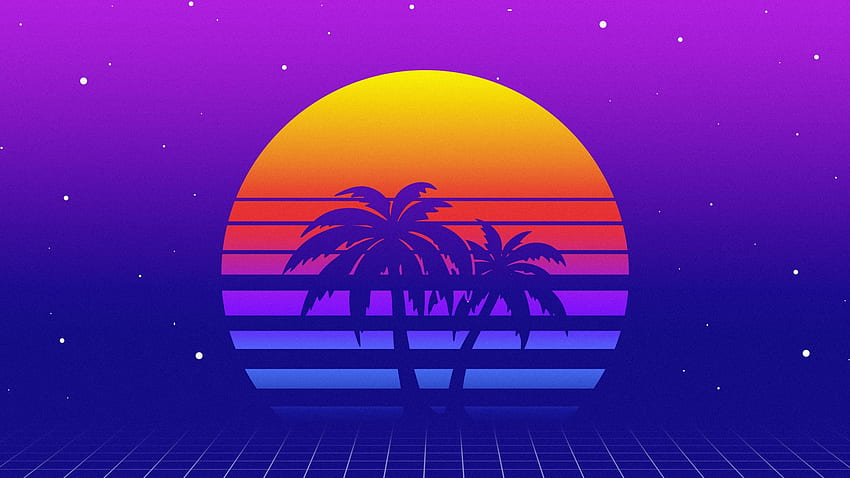 Retro, moon, palm tree, artwork, dual, Purple Palm Tree HD wallpaper