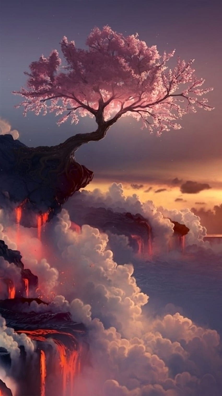 Fantasy Pink Cherry Blossoms Pochmurny szczyt góry Niebo Paint Art iPhone 8, pochmurny poranek Tapeta na telefon HD