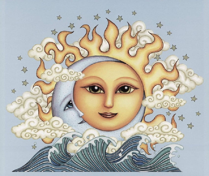 Langit, mata, wajah, bintang, sinar matahari, puncak, gelombang, bulan, bulan sabit, awan, unsur, matahari Wallpaper HD