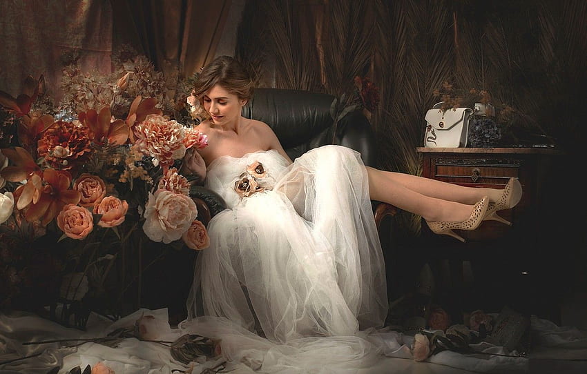 girl, flowers, style, mood, feet, shoes, the bride, Wedding Girl HD wallpaper