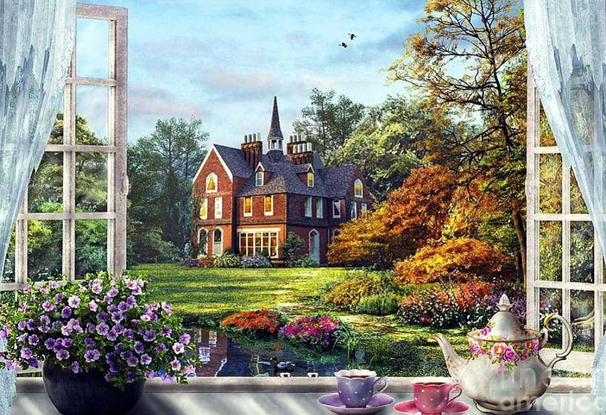 Victorian Garden, artwork, painting, window, house, trees, flowers, countryside HD wallpaper