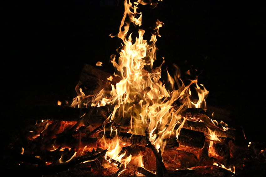 Fire, Bonfire, Coals, Dark, Flame, Firewood HD wallpaper