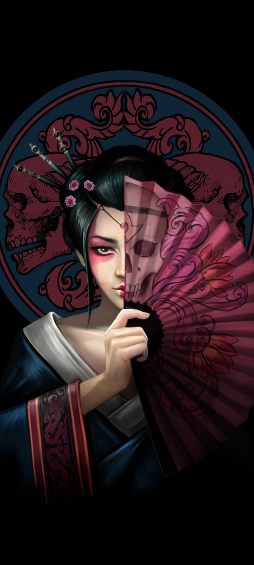 Geisha-Schädel, Auge, Anne stoked, Kleid, dunkel, Mädchen HD-Handy-Hintergrundbild