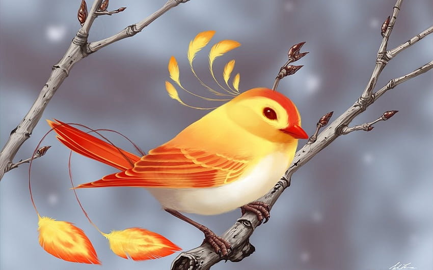 Golden Bird, branch, golden, bird, art, red, beautiful HD wallpaper