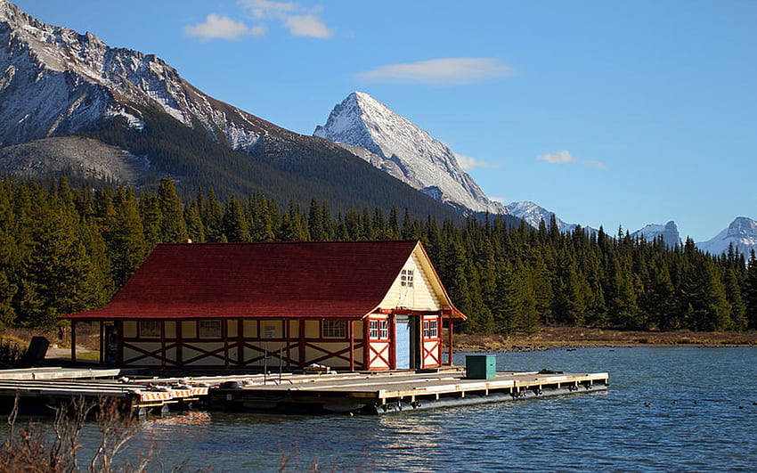 Cabin at Maligne lake, Jasper NP, Alberta, landscape, trees, sky, water, canada, mountains HD wallpaper