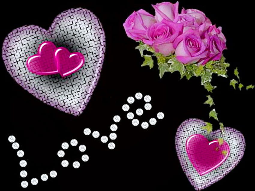 Herzen und Rosen, Rosa, Efeu, Rosen, Liebe, Herzen, Valentinstag HD-Hintergrundbild