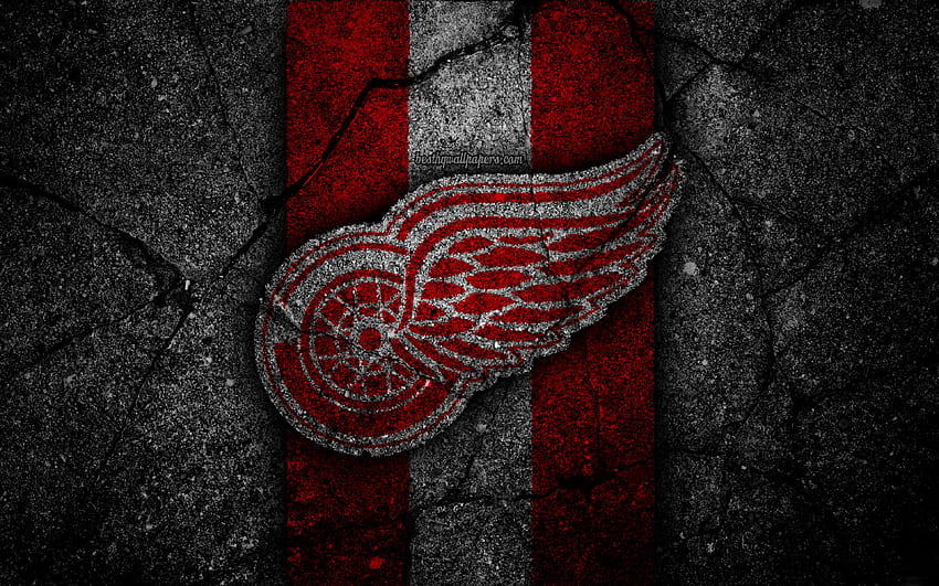 Red Wings de Detroit, logo, club de hockey, NHL, pierre noire, Conférence de l'Est, États-Unis, Texture d'asphalte, hockey, Division de l'Atlantique pour avec résolution . Haute qualité Fond d'écran HD