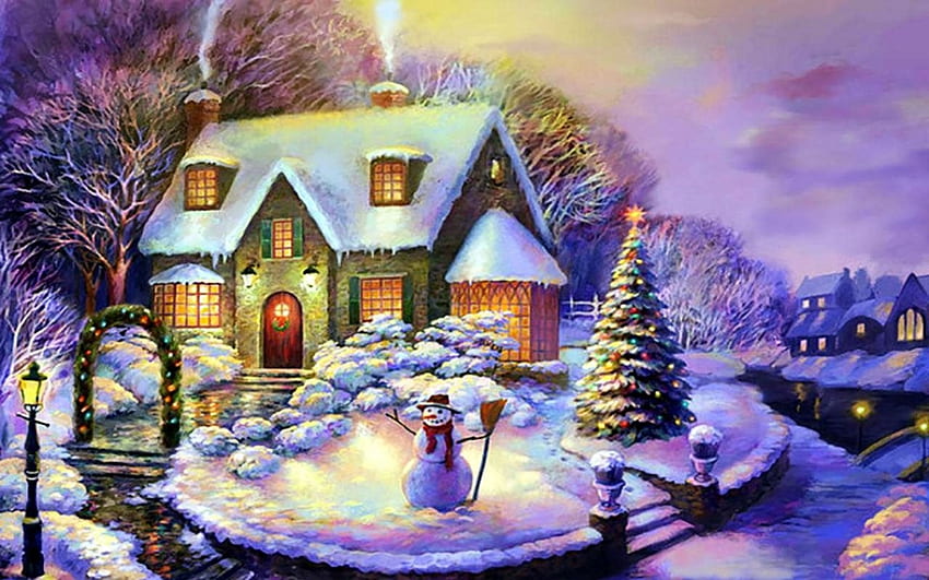 雪のコテージ、冬、アートワーク、雪だるま、絵画、クリスマス、家、木 高画質の壁紙