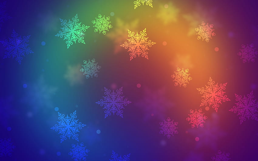 kepingan salju berwarna-warni,, hujan salju abstrak, latar belakang pelangi, kreatif, kepingan salju abstrak, karya seni, pola kepingan salju, kepingan salju Wallpaper HD