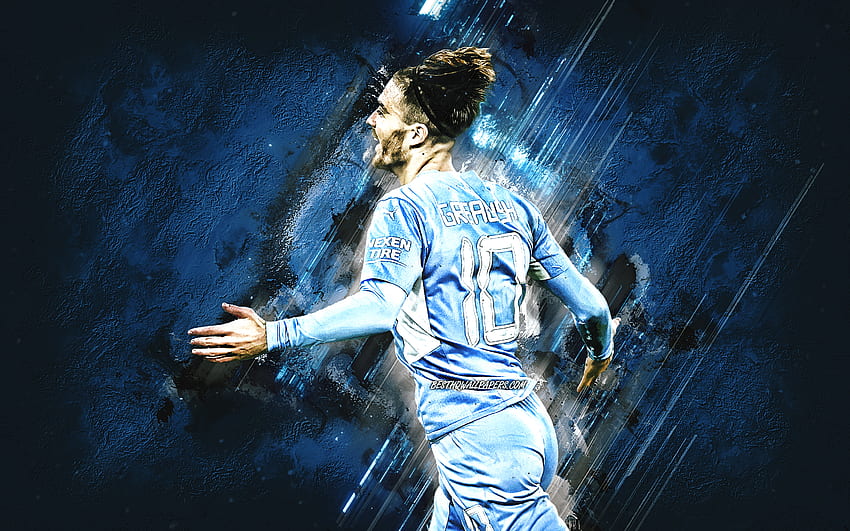Jack Grealish, Manchester City FC, pesepakbola Inggris, Liga Premier, Inggris, sepak bola, latar belakang batu biru, seni grunge Wallpaper HD