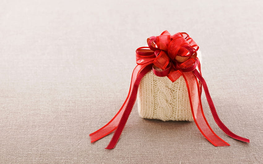 gift, box, cloth, knitted, bow, red, ribbon 16:10 background HD wallpaper