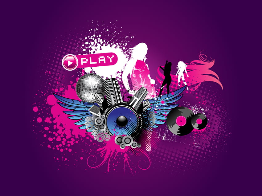 Play, purple, wings, pink, music, speakers, dancers HD wallpaper