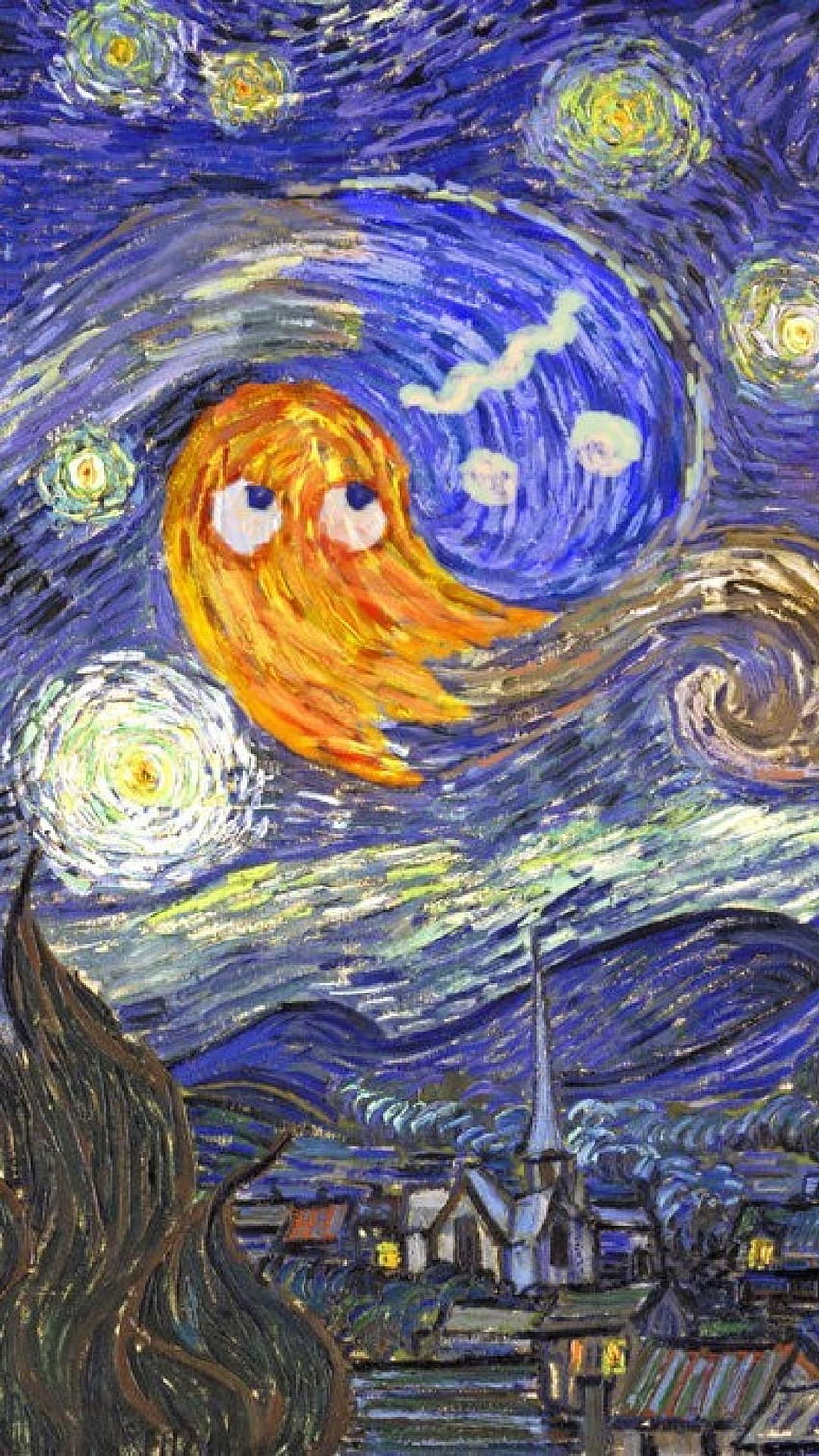 Parodia Vincent Van Gogh Pac Man Noche estrellada, Vincent Van Gogh la noche estrellada fondo de pantalla del teléfono