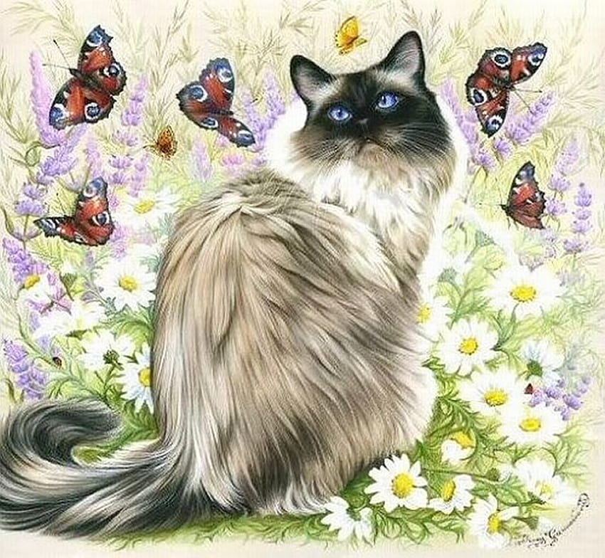 Irina Garmashova, kitten, painting, art, daisy, flower, cat HD wallpaper