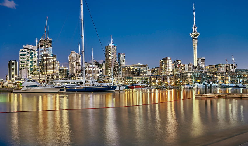 Auckland, pelabuhan, kota, lampu, pemandangan kota, Selandia Baru , Auckland Wallpaper HD