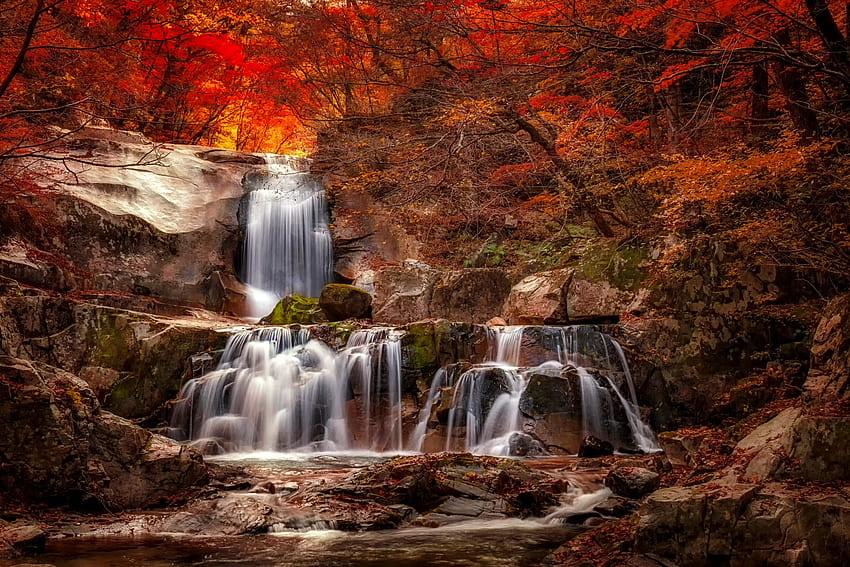 Herbstkaskaden, bunt, fallen, schön, Felsen, Wasserfall, Kaskaden, Bäume, Herbst, Wald, Laub HD-Hintergrundbild