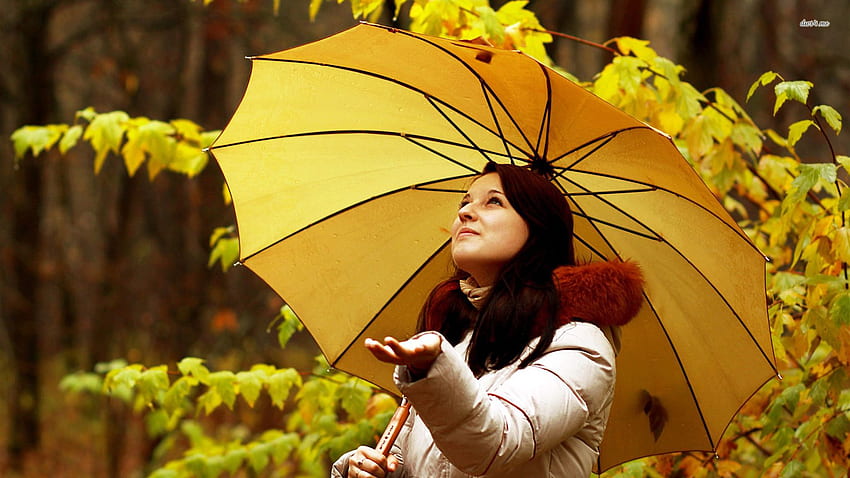 Girl with a yellow umbrella under the autumn rain HD wallpaper